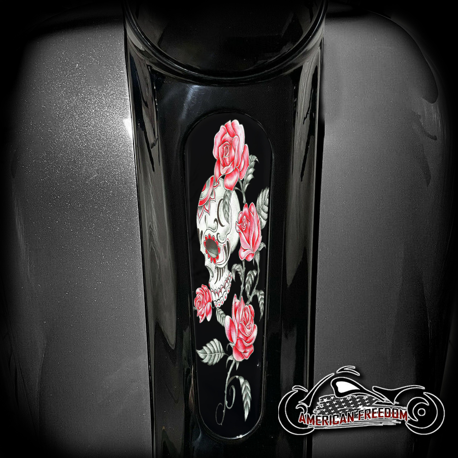 Harley 8 Inch Dash Insert - Red Roses Skull